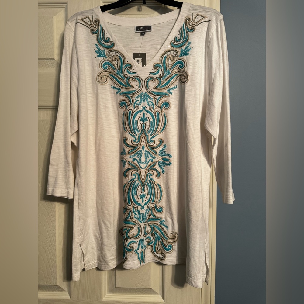 NWT, JM Collection, Size: XL, Long-Sleeve Tunic, Cotton V-Neck Shirt.
